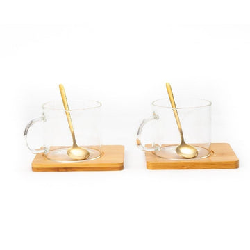 Borosilicate Lateral Mug with Wooden Tray & Classy Golden Spoon Set (Set of 2)